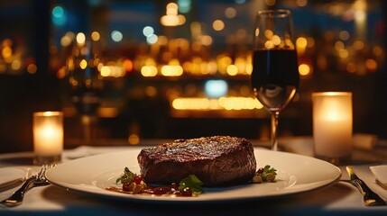 Romantic Valentine’s Dinner Setup Intimate Dining Space Elegant Table Display Cozy Atmosphere Culinary Delight with Steak and Wine