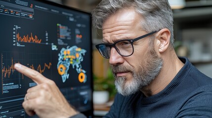 Businessman Analyzing Data on Computer Screen with Graphs and Global Map in Modern Office