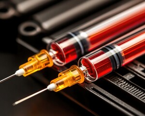Two syringes filled with red liquid, positioned on a dark surface, showcasing details of the needles and syringe design.