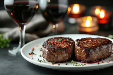 Romantic Dinner for Two Intimate Setting Food Photography Candlelit Ambiance Close-Up View Valentine’s Day Steak Experience