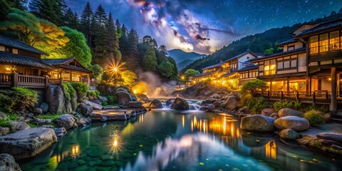 Serene Night Photography of Takaragawa Onsen in Gunma, Japan Featuring Tranquil Hot Springs, Starry Skies, and Natural Surroundings for a Peaceful Escape