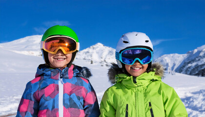 Two cheerful South American children wearing reflective ski goggles smile against a snowy mountain backdrop during an outdoor winter adventure