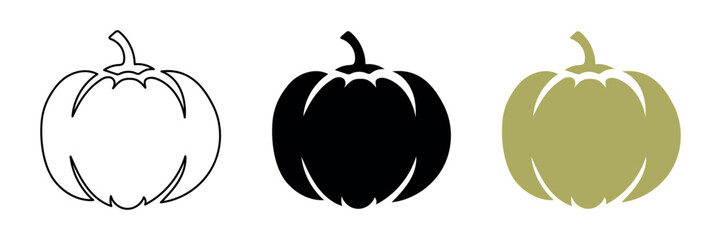 Set of three pumpkin silhouettes in different styles, outline, solid black, and solid green isolated on white background. Concept of autumn, Halloween, harvest season, Thanksgiving, minimalist design