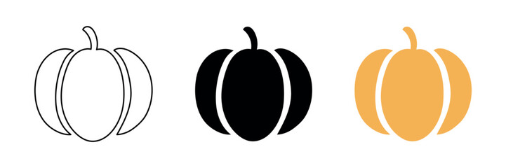 Set of three pumpkin silhouettes in different styles, outline, solid black, and solid yellow isolated on white background. Concept of autumn, Halloween, harvest season, Thanksgiving, minimalist design