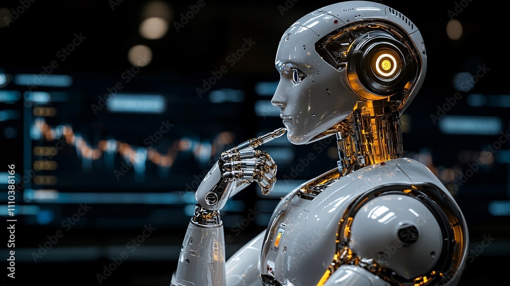 Aufkleber an ai-enabled robot delivering real-time trading updates for quick and informed decisions stock phot