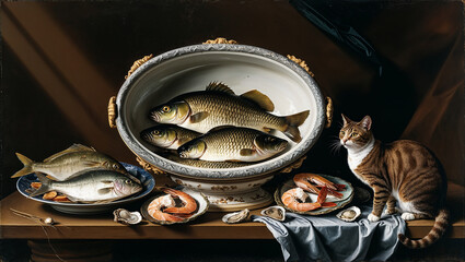 Cat looking at fresh fish on a table in a still life painting