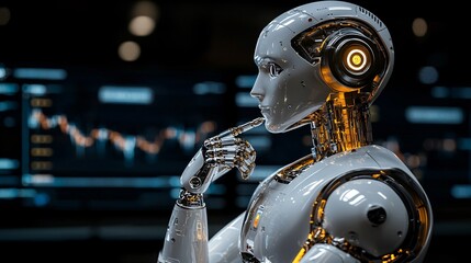 Fototapeta premium An AI-enabled robot delivering real-time trading updates for quick and informed decisions Stock Photo with side copy space