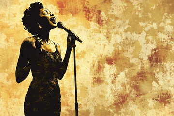 Female jazz singer passionately performing with a vintage microphone, set against a textured, warm-toned background. Capturing the essence of music, soul, and expression. Generative AI.