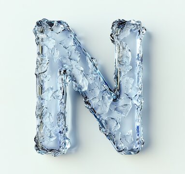 Letter N frozen in ice isolated on white background. 3d Ice lettering.