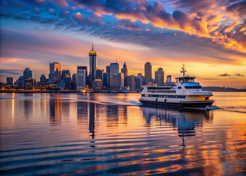 Serene Seabus Journey Across the Harbor at Dusk with City Skyline Reflections and Vibrant Sunset Colors in a High Depth of Field Perspective
