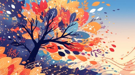 Obraz premium A vibrant autumn landscape featuring a tree with colorful leaves against a gradient sky.