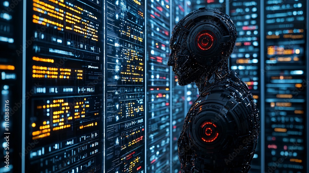 Aufkleber A trading system where robots employ predictive backtesting for future market success Stock Photo with side copy space