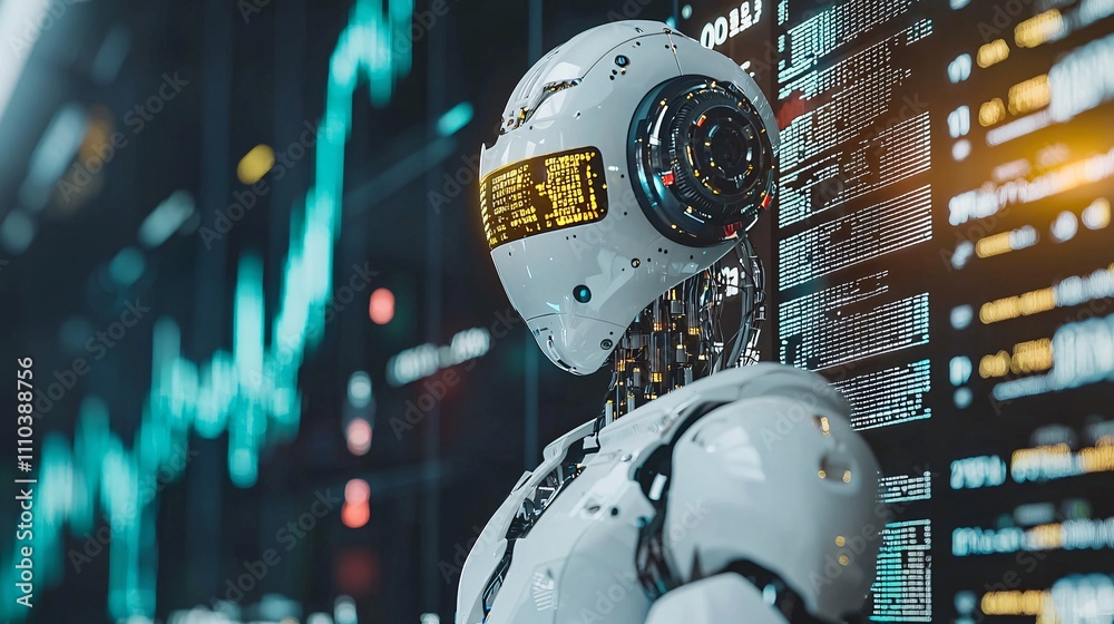 Poster a trading system where robots employ predictive backtesting for future market success stock photo wi