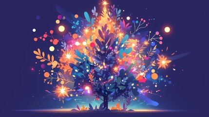 A vibrant, colorful tree adorned with sparkling lights and abstract shapes against a dark background.