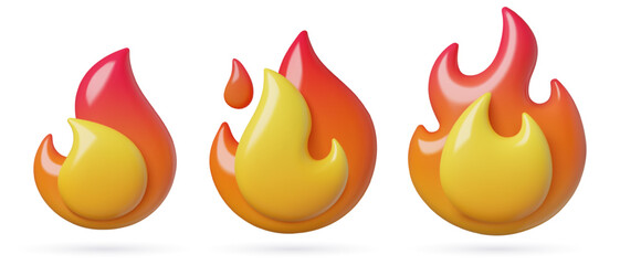 Burning fire and flame cute 3d icon set. Three dimensional vector illustrations isolated on white background.