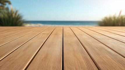 Wooden floor or plank on sand beach in summer. For product display.Calm Sea and Blue Sky Background.