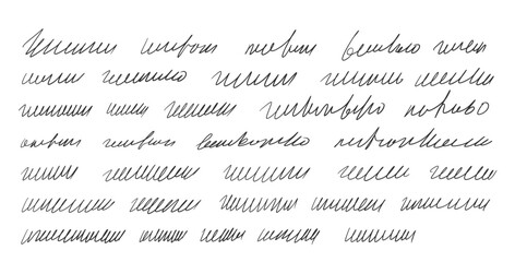 Handwritten ink stroke. Scribble fictional letter. Abstract freehand text note isolated on white background. Illegible cursive script message. Vector hand drawn illustration.