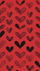 Black Heart pattern hand drawn design on Red background illustration
