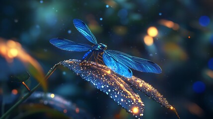 Blue Dragonfly Perched on Dew Covered Leaf at Dusk