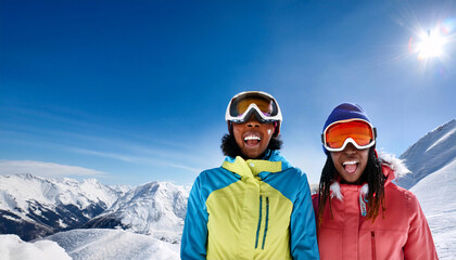 Surprised South American women enjoy skiing on a snowy mountain under a clear blue sky