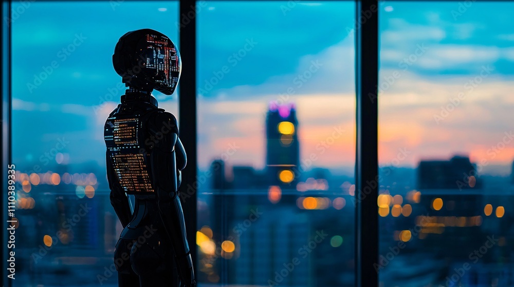 Poster A trading robot analyzing extensive data to mitigate risks and maximize portfolio returns Stock Photo with side copy space