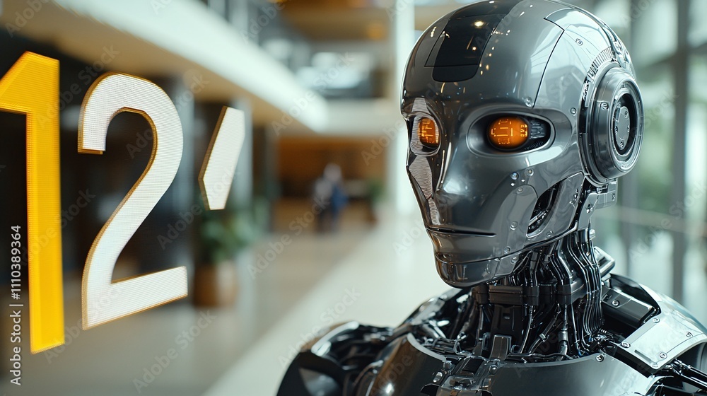 Poster A trading robot analyzing extensive data to mitigate risks and maximize portfolio returns Stock Photo with side copy space