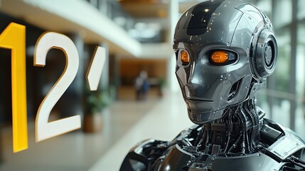 Fototapeta premium A trading robot analyzing extensive data to mitigate risks and maximize portfolio returns Stock Photo with side copy space