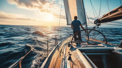 Man Sailing Yacht Ocean Sunset Golden Hour