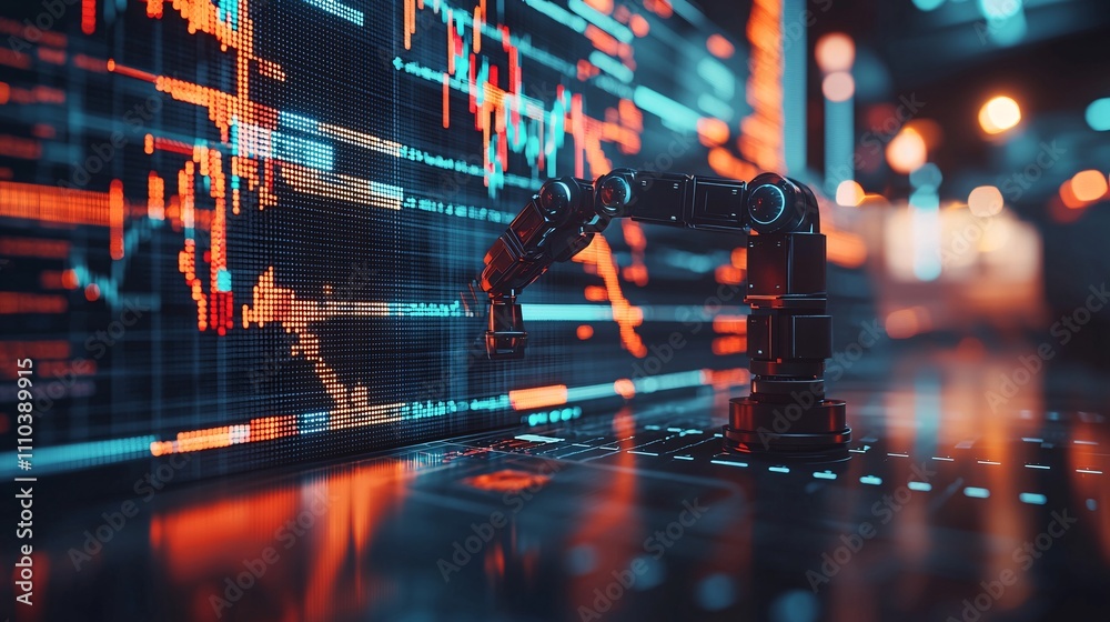 Poster A futuristic robotic arm analyzing stock market data on a digital dashboard with AI algorithms Stock Photo with side copy space