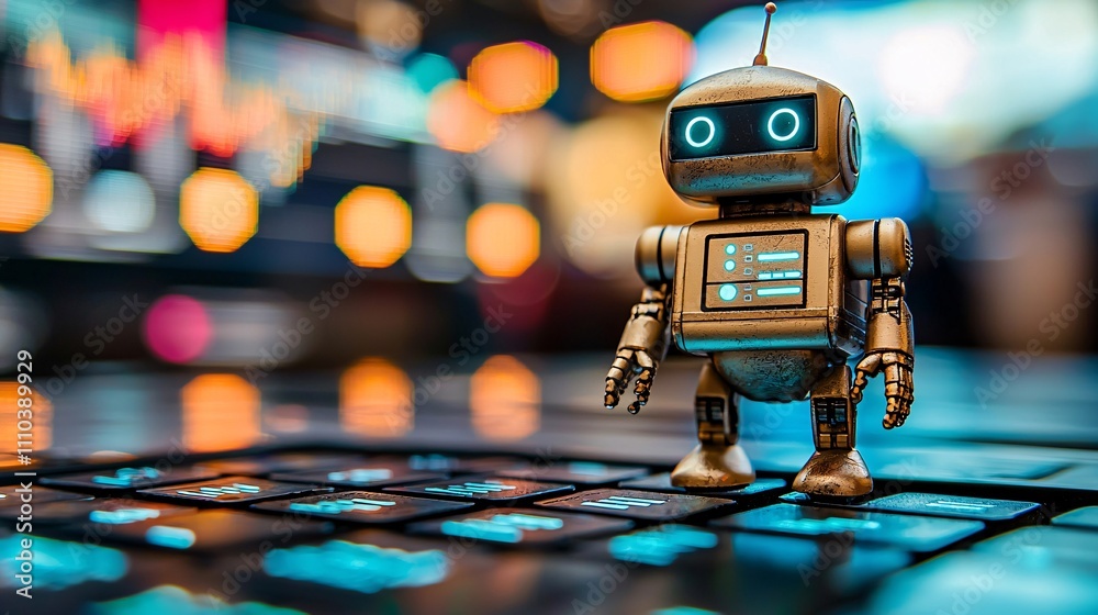 Poster A trading platform with a robotic system analyzing forex market trends using machine learning Stock Photo with side copy space