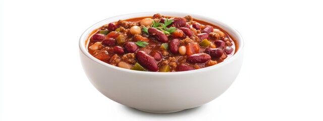 A hearty bowl of chili con carne with kidney beans, isolated white background, abstract art style