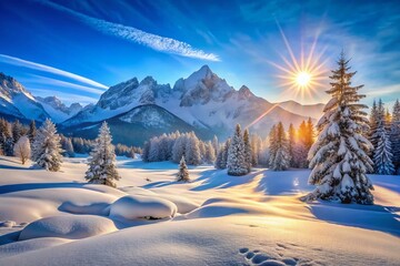 Serene Winter Landscape: Snow-Covered Mountains and Crystal Clear Blue Sky for Tranquil Nature Photography