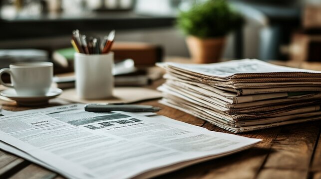 A pile of newspapers with bold political headlines stacked on a wooden desk, surrounded by coffee cups and stationery


