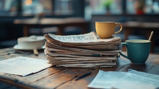A pile of newspapers with bold political headlines stacked on a wooden desk, surrounded by coffee cups and stationery


