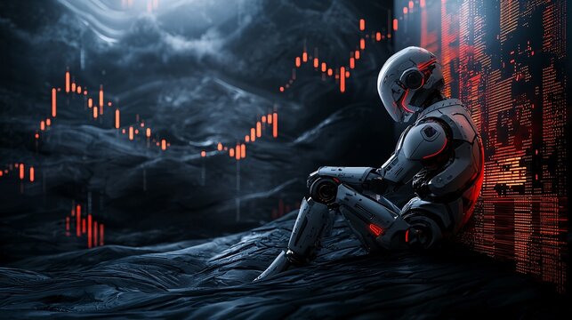 An AI-driven robotic platform processing real-time data in a dynamic cryptocurrency market Stock Photo with side copy space