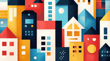 Obraz premium House construction. A colorful, abstract illustration of various stylized houses, featuring geometric shapes and vibrant patterns in blue, red, yellow, and white.