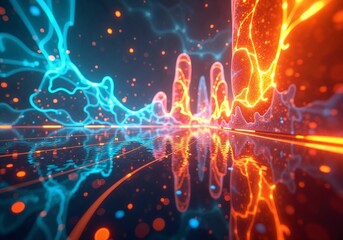 Obraz premium Immersive Abstract Experience: Vibrant Colors and Dynamic Movement in a Futuristic Environment Enhanced by Holographic Technology
