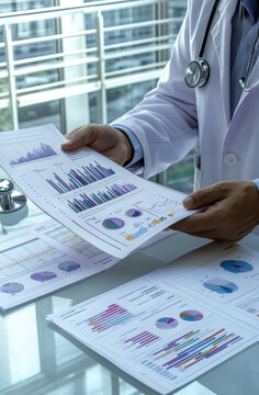 A healthcare professional reviews detailed charts and graphs to analyze vital medical data, emphasizing the importance of data-driven decisions in improving patient care and healthcare outcomes.