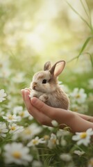 A little boy holding a small, fluffy rabbit in a garden surrounded by spring flowers.