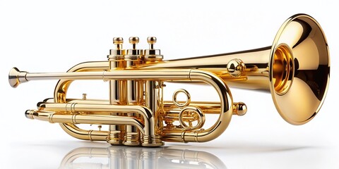Naklejka premium Shiny Golden Trumpet on a Clean White Background, Perfect for Product Photography Showcasing Musical Instruments, Brass Instruments, Artistic Display, and Luxury Items
