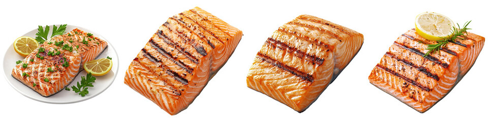 Closeup of a beautifully grilled salmon fillet steak on a ceramic plate garnished with fresh lemon slices and aromatic herbs like dill parsley and thyme