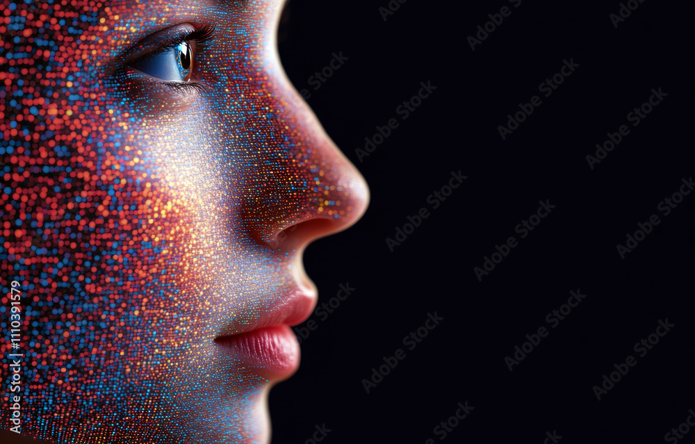 Poster this captivating image features a profile of a face adorned with vibrant colors and patterns, explor