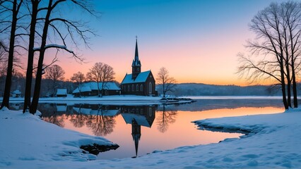 A serene winter scene features a church with a tall steeple, surrounded by snow-covered trees and a calm lake reflecting the sky's colors.