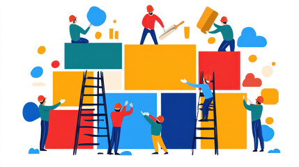 Fototapeta premium House construction. A colorful illustration of workers constructing a structure with blocks, using ladders and various tools, representing teamwork and creativity.