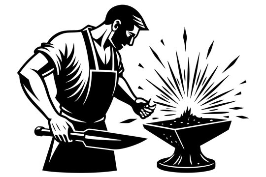 blacksmith working, anvil, sparks, monochrome style clip art preview
