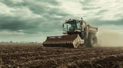Obraz premium Massive potato harvester machine working in a field, soil dust in air, overcast light, 