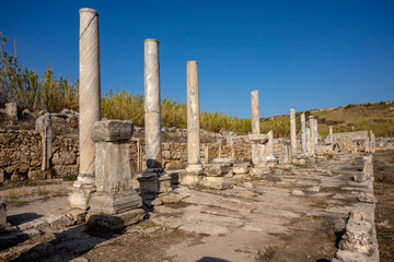 Rows of columns in Perge, Antalya, Turkey. Remains of colonnaded street in Pamphylian ancient city.Rows of columns in Perge, Antalya, Turkey. Ancient Kestros Fountain. Aksu, Antalya