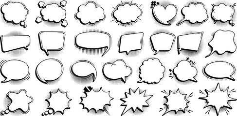 Set of comic speech bubbles. Speech bubbles with halftone shadows. Hand drawn, retro cartoon stickers. Pop art style. Vector illustration.