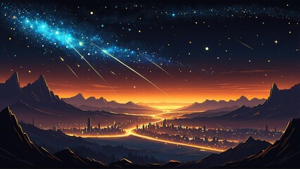 A cityscape at sunset, with mountains, a river, and a starry sky, is depicted in a digital illustration.