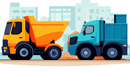 Fototapeta premium House construction. Two colorful construction trucks, one yellow dumper and one blue truck, are positioned on a road against an urban backdrop.